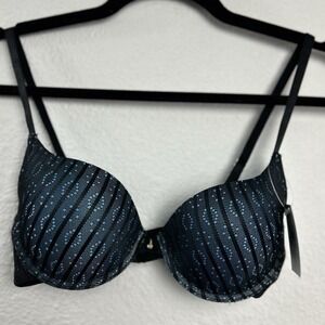 Hers by Herman Black Turquoise Striped Lace Push Up Underwire Bra 32B B2103BLU